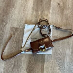 Charles & Keith Chestnut Brown Leather Gabine Crossbody with Gold Hardware